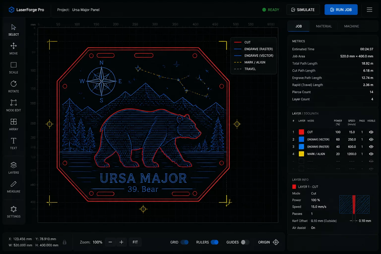 Multilayer toolpath sequencing map overview in LayerRun Atlas